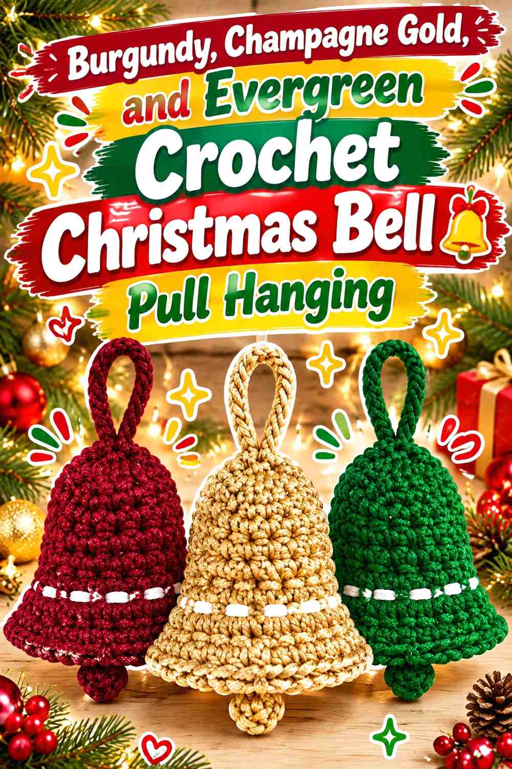 Burgundy, Champagne Gold, and Evergreen Crochet Christmas Bell Pull Hanging