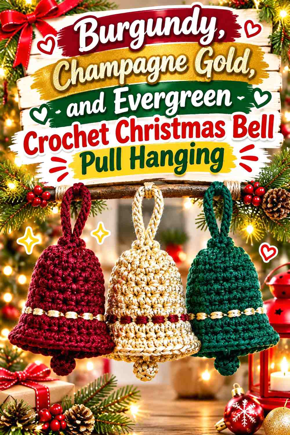 Burgundy, Champagne Gold, and Evergreen Crochet Christmas Bell Pull Hanging