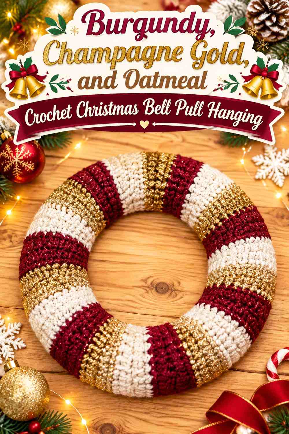 Burgundy, Champagne Gold, and Oatmeal Crochet Christmas Bell Pull Hanging