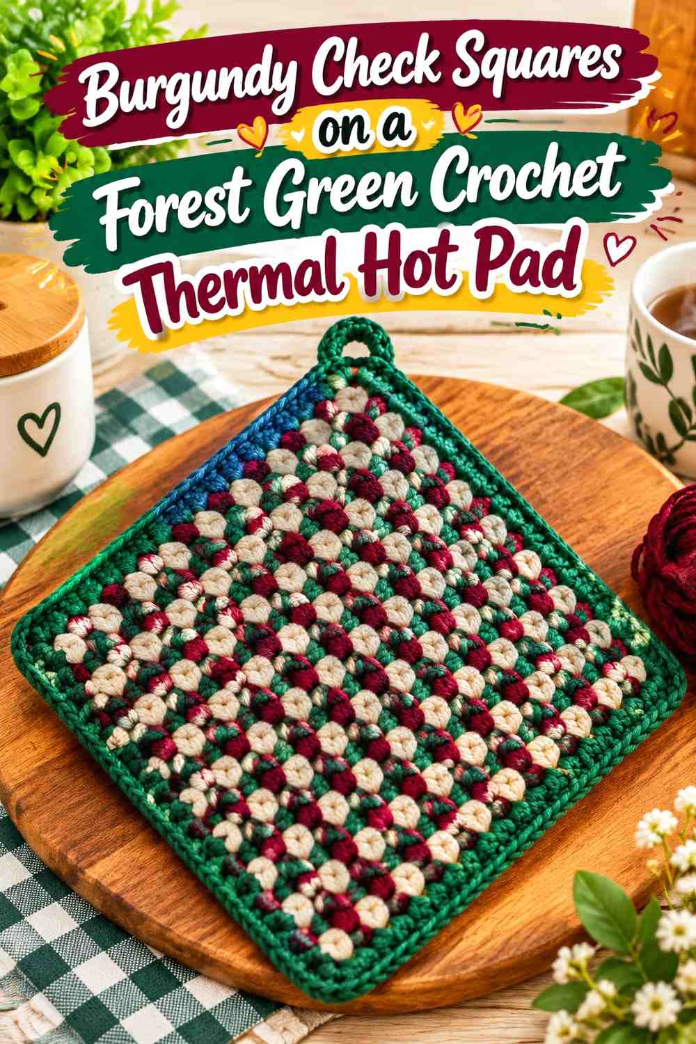Burgundy Check Squares on a Forest Green Crochet Thermal Hot Pad