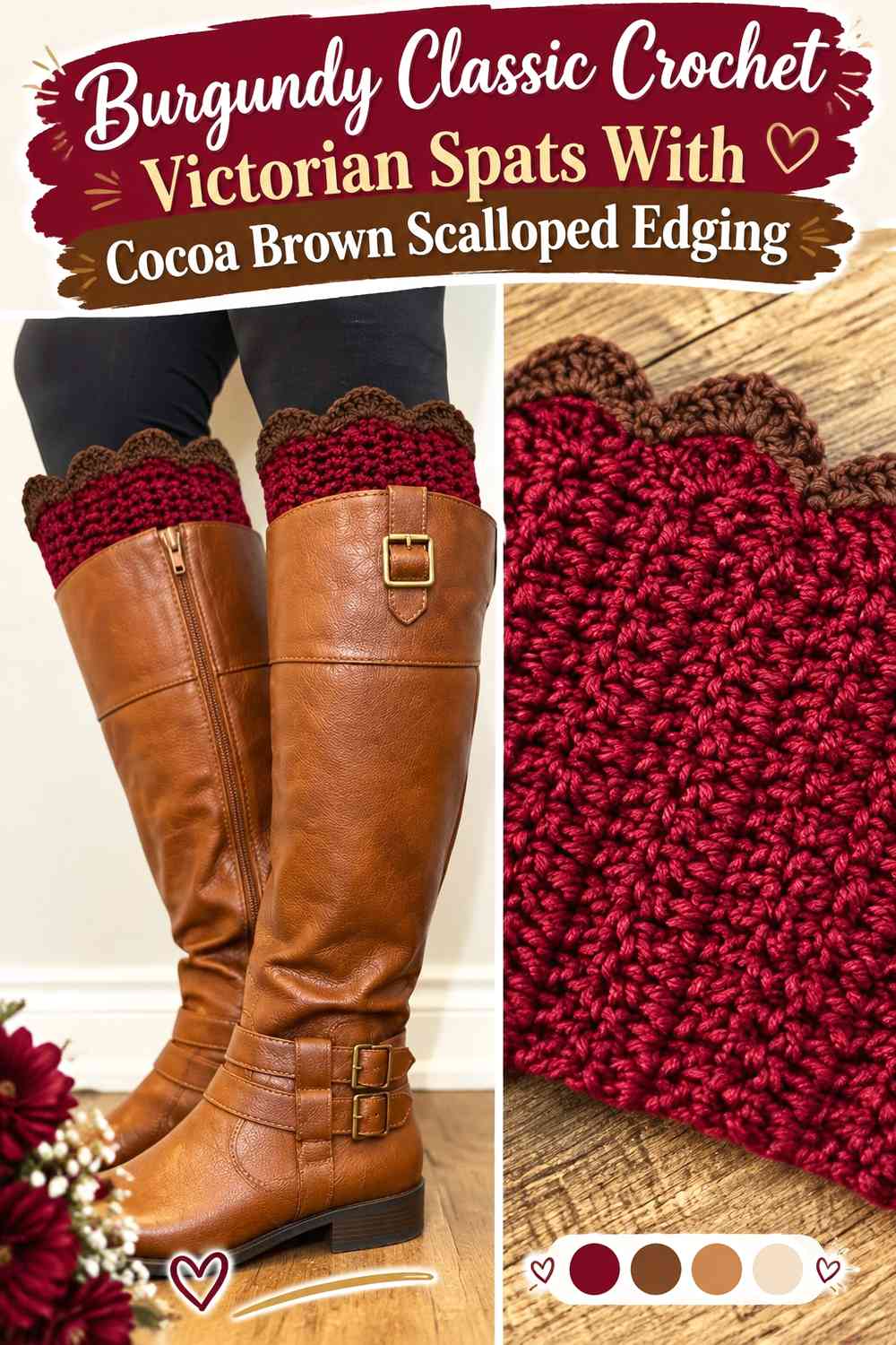 Burgundy Classic Crochet Victorian Spats With Cocoa Brown Scalloped Edging