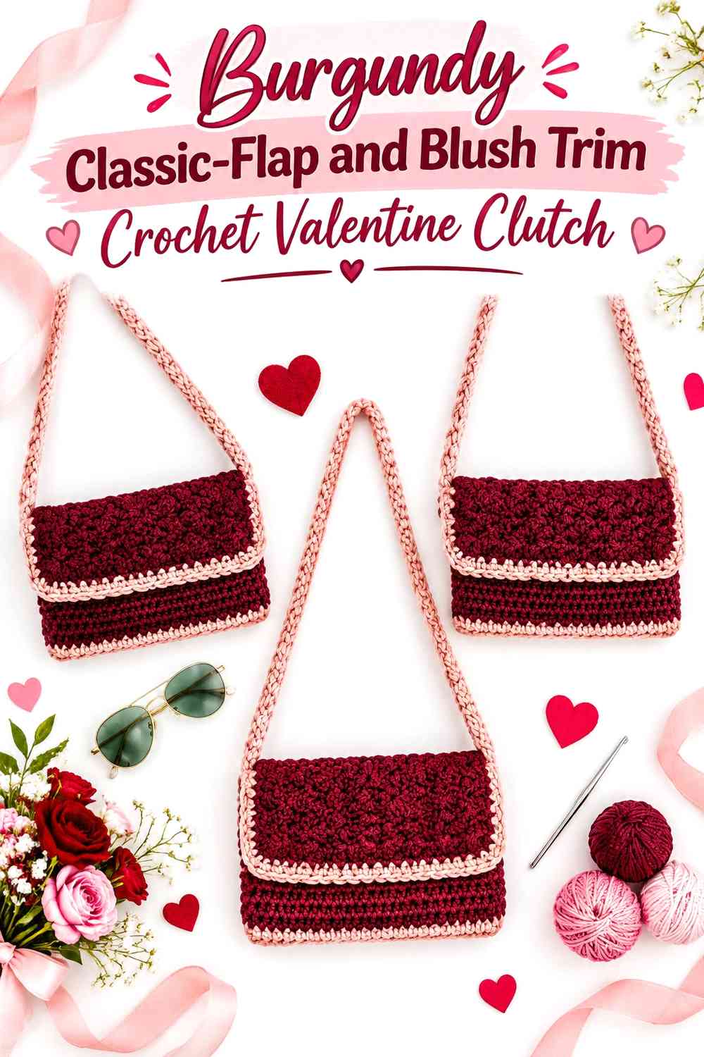 Burgundy Classic-Flap and Blush Trim Crochet Valentine Clutch