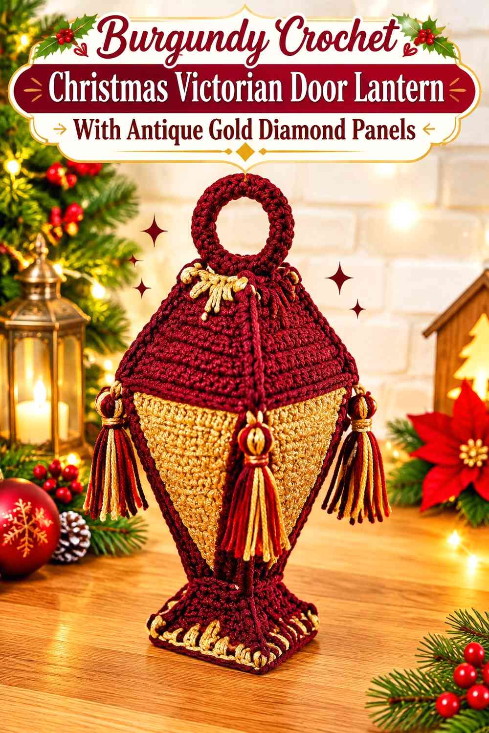 Burgundy Crochet Christmas Victorian Door Lantern With Antique Gold Diamond Panels