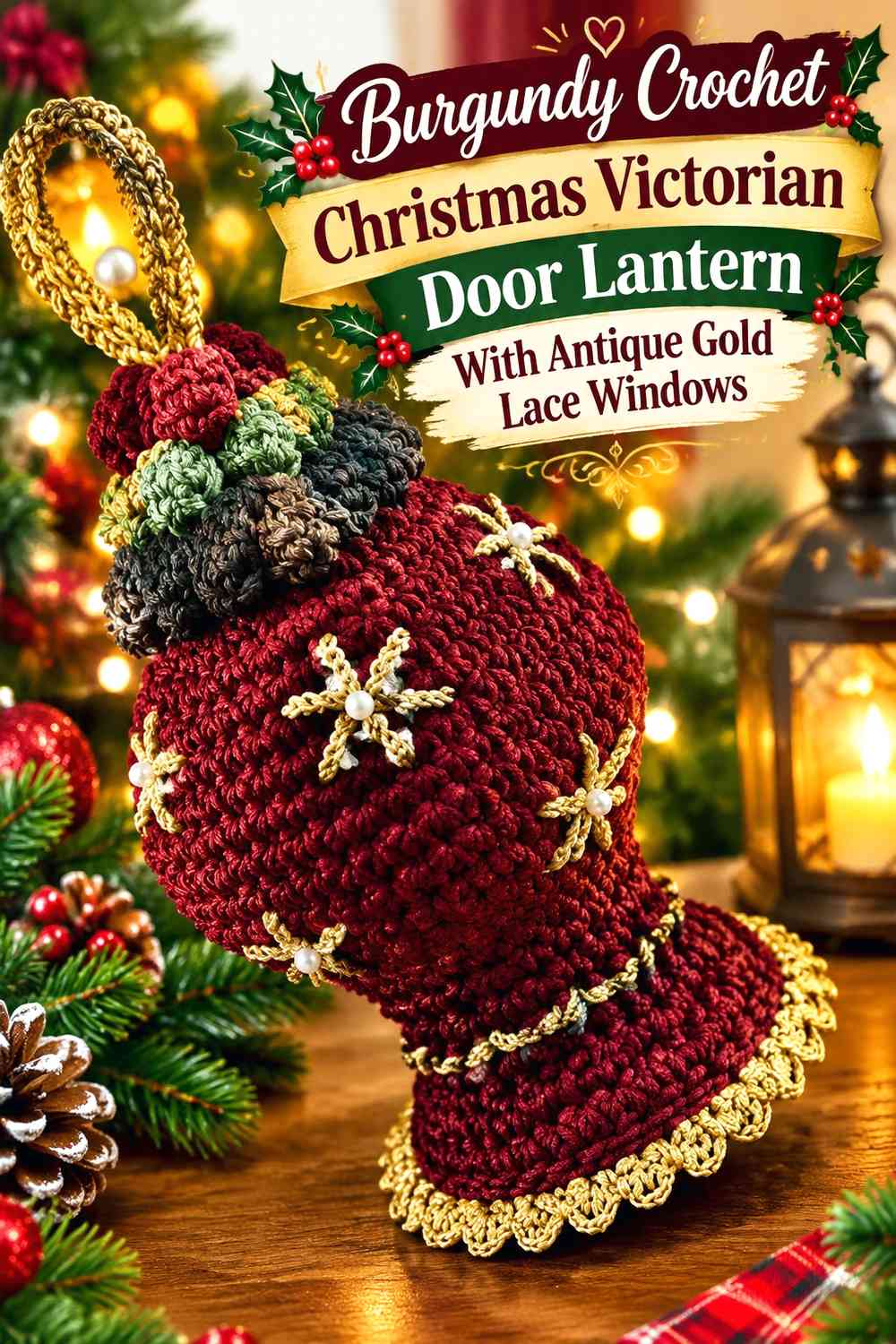 Burgundy Crochet Christmas Victorian Door Lantern With Antique Gold Lace Windows