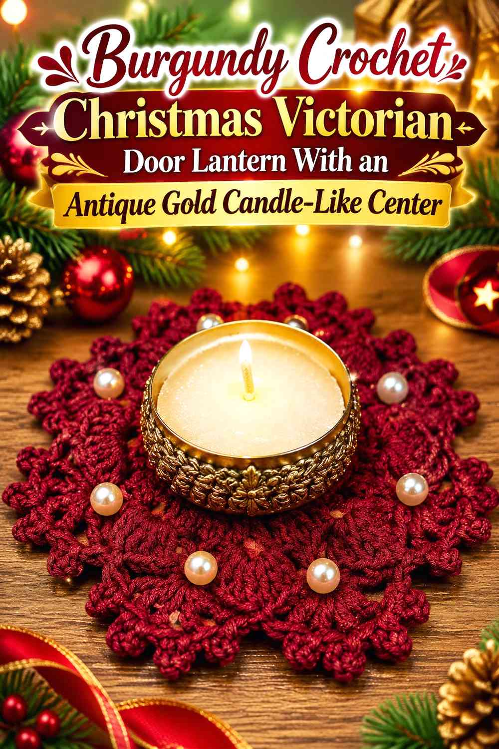 Burgundy Crochet Christmas Victorian Door Lantern With an Antique Gold Candle-Like Center