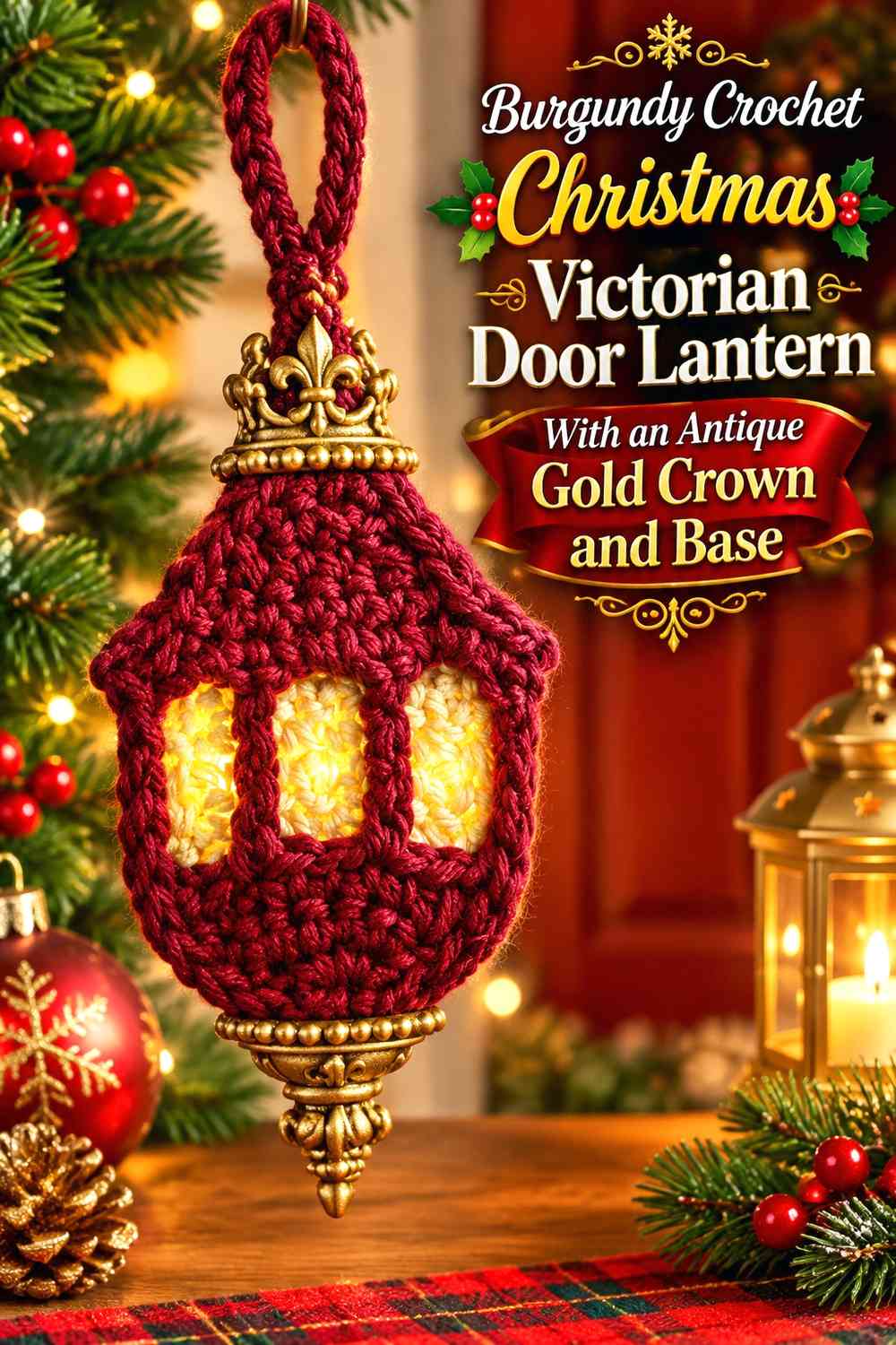 Burgundy Crochet Christmas Victorian Door Lantern With an Antique Gold Crown and Base