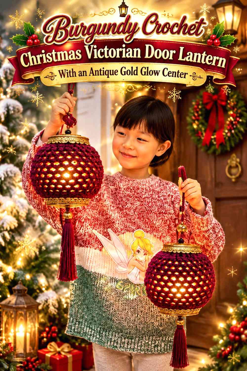 Burgundy Crochet Christmas Victorian Door Lantern With an Antique Gold Glow Center