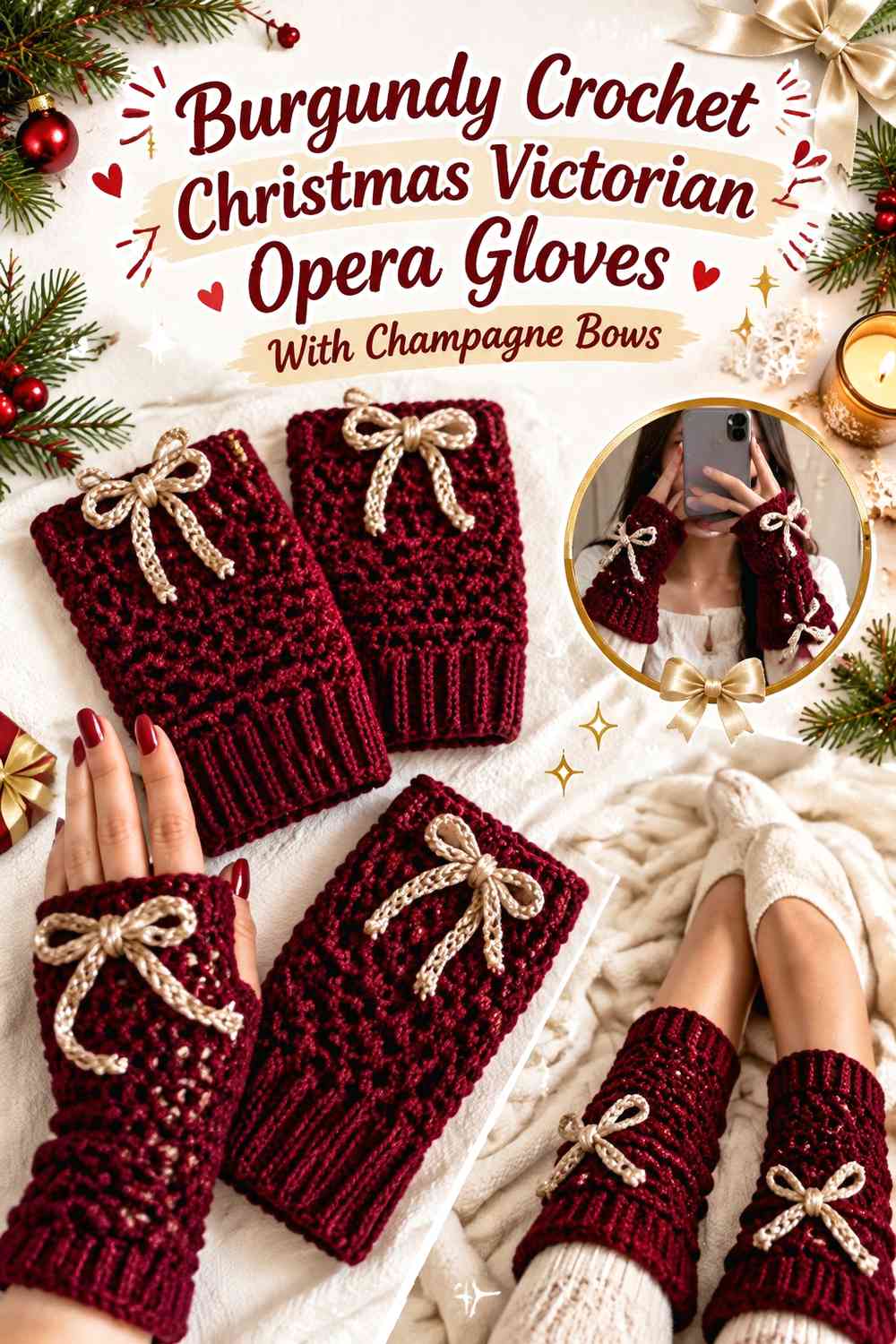 Burgundy Crochet Christmas Victorian Opera Gloves With Champagne Bows