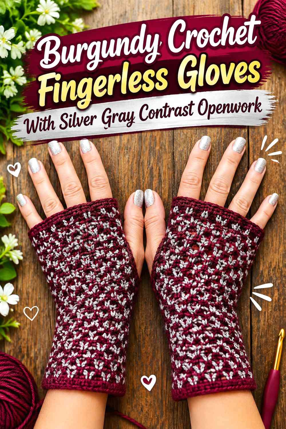 Burgundy Crochet Fingerless Gloves With Silver Gray Contrast Openwork