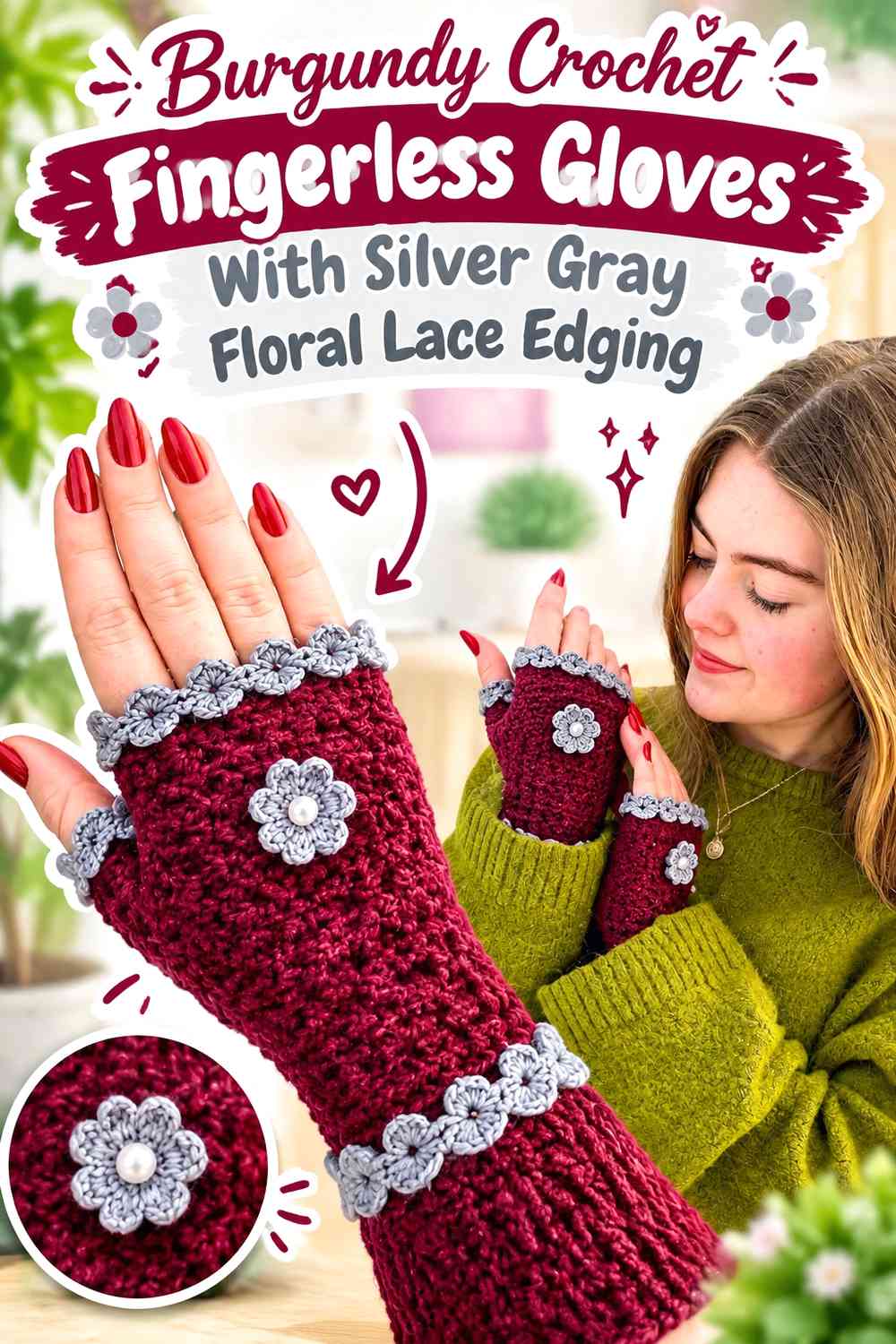 Burgundy Crochet Fingerless Gloves With Silver Gray Floral Lace Edging