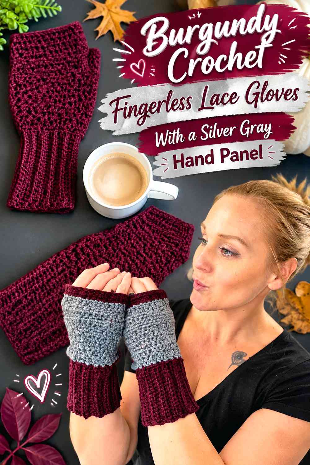 Burgundy Crochet Fingerless Lace Gloves With a Silver Gray Hand Panel