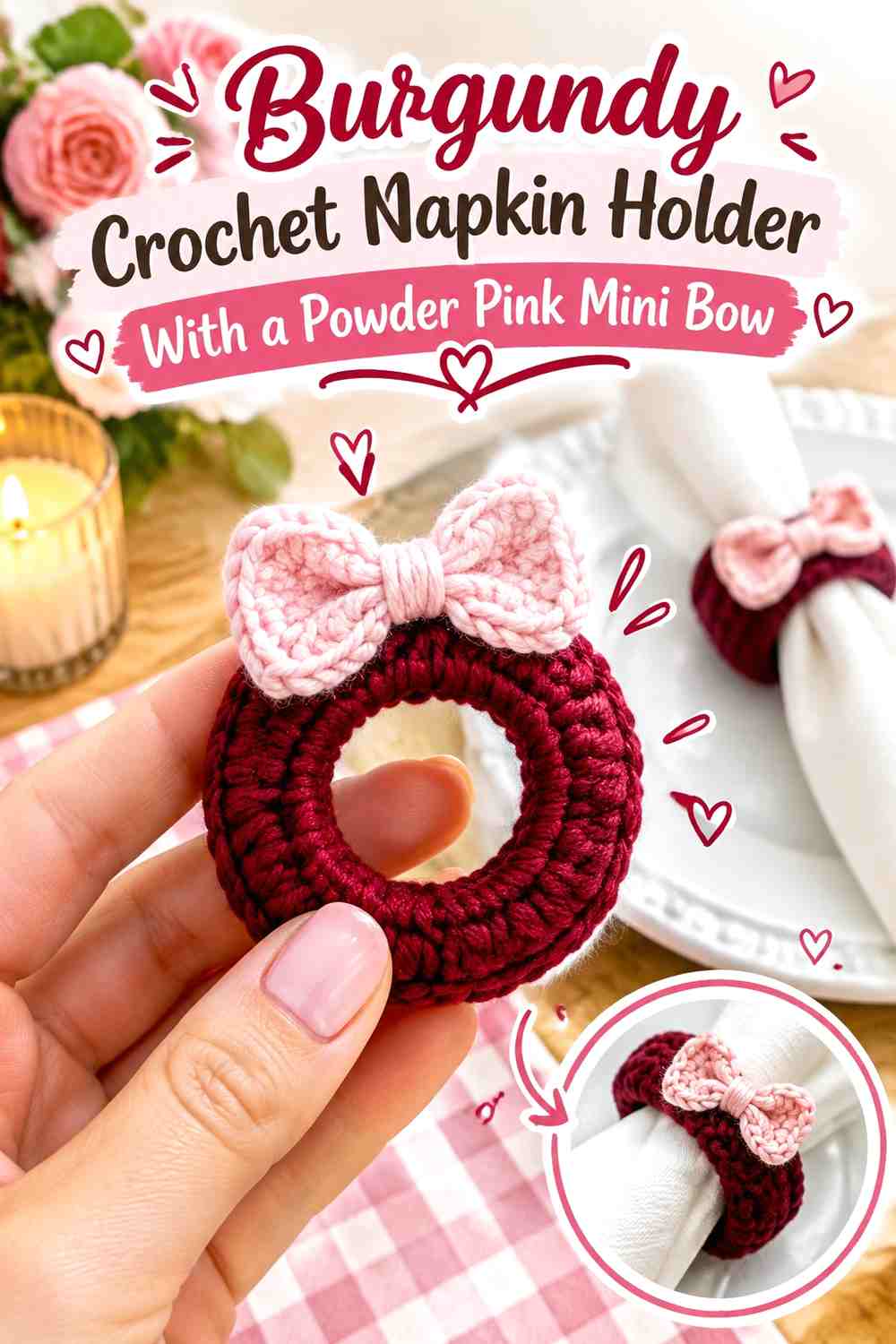 Burgundy Crochet Napkin Holder With a Powder Pink Mini Bow