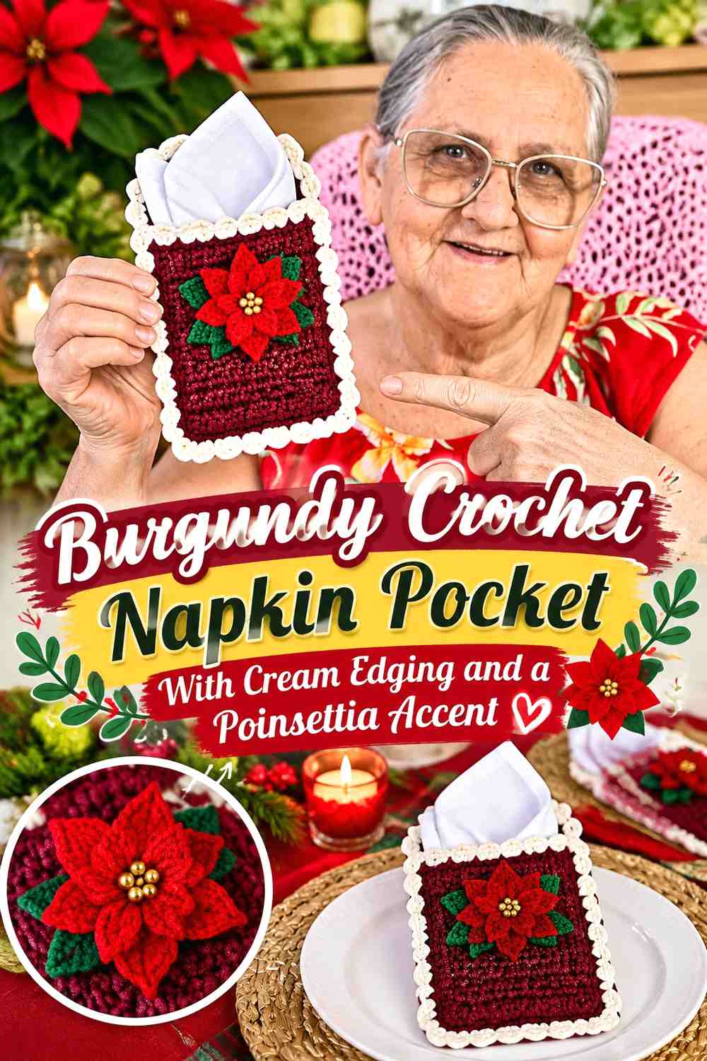 Burgundy Crochet Napkin Pocket With Cream Edging and a Poinsettia Accent