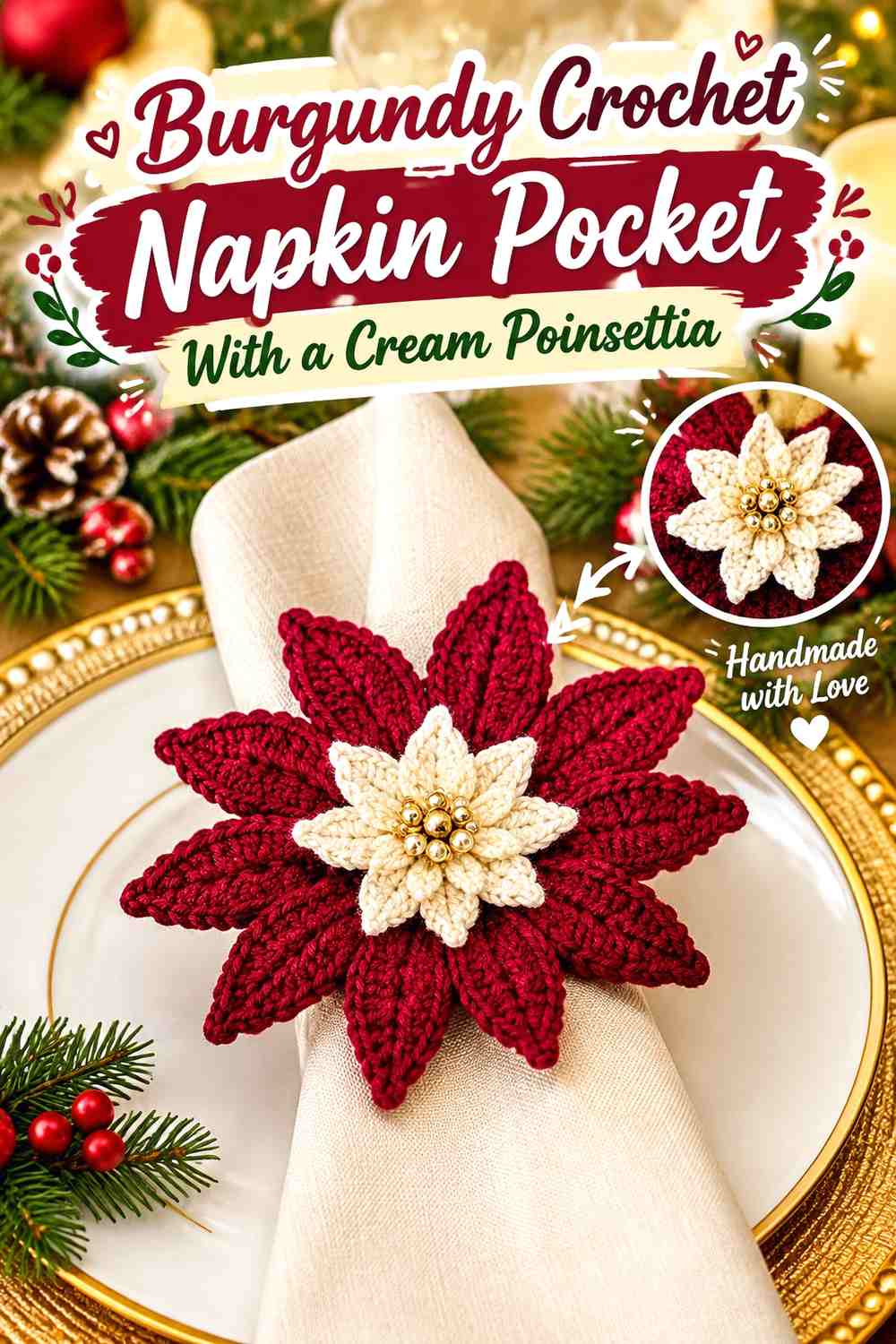 Burgundy Crochet Napkin Pocket With a Cream Poinsettia