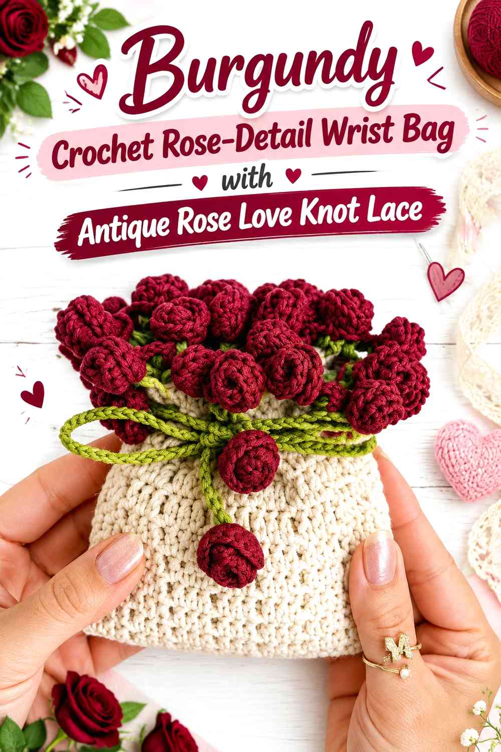 Burgundy Crochet Rose-Detail Wrist Bag with Antique Rose Love Knot Lace