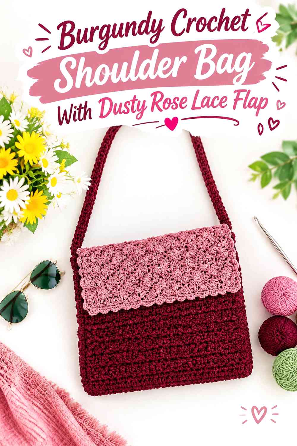 Burgundy Crochet Shoulder Bag With Dusty Rose Lace Flap