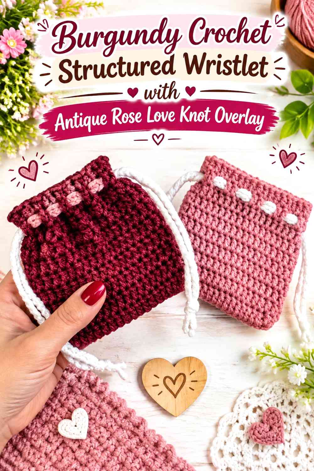 Burgundy Crochet Structured Wristlet with Antique Rose Love Knot Overlay