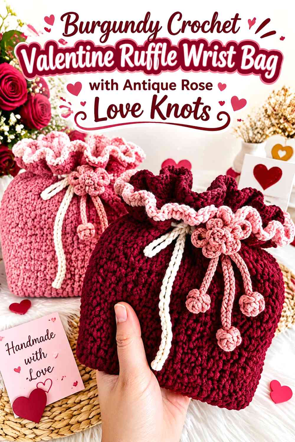 Burgundy Crochet Valentine Ruffle Wrist Bag with Antique Rose Love Knots