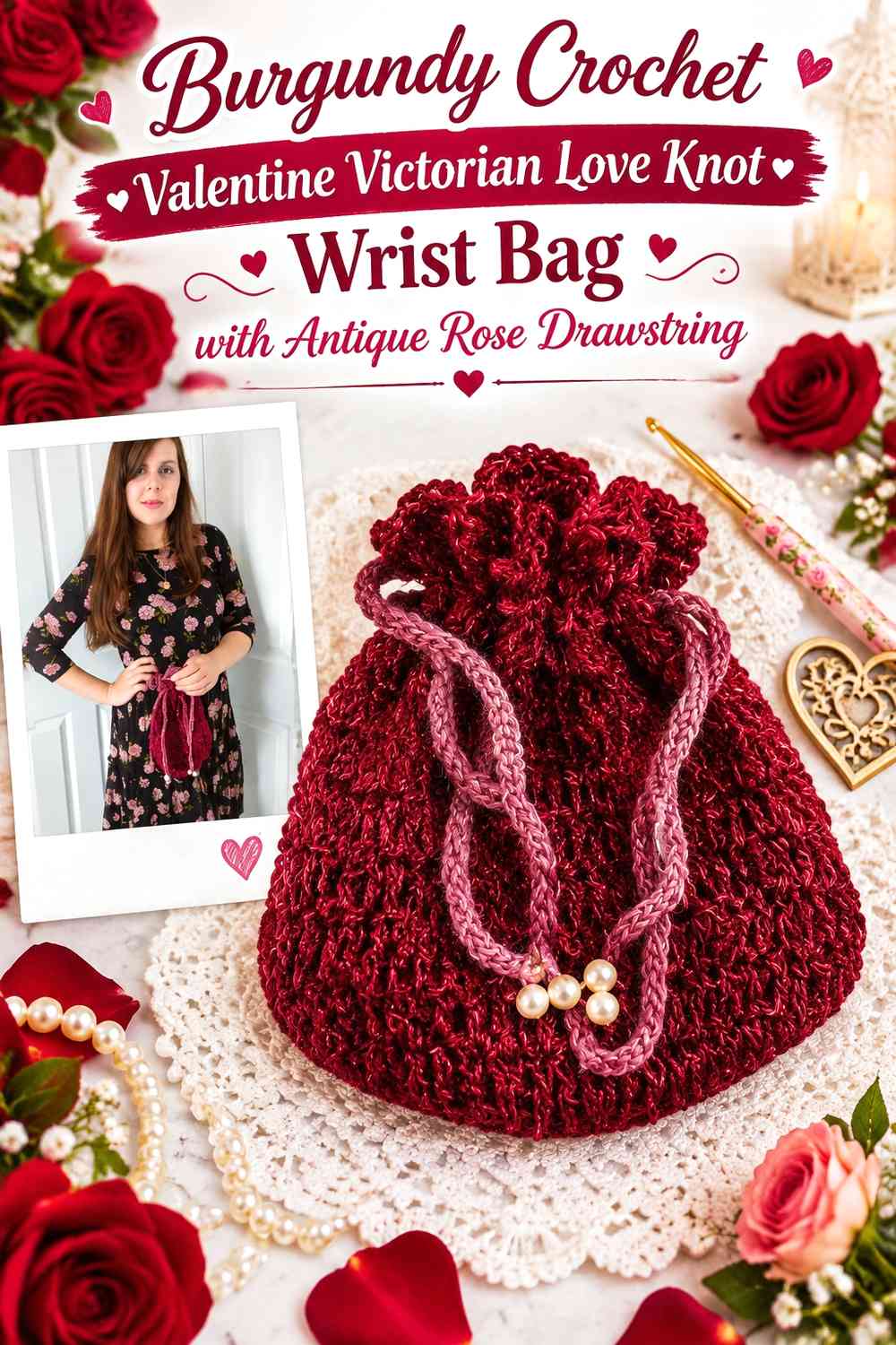 Burgundy Crochet Valentine Victorian Love Knot Wrist Bag with Antique Rose Drawstring