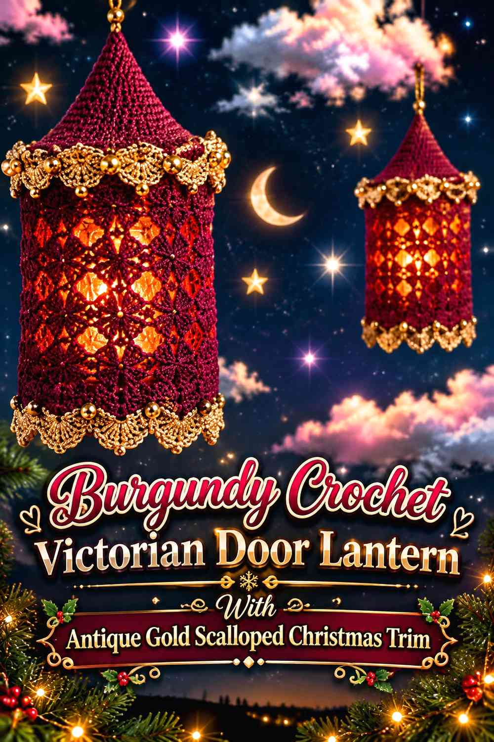 Burgundy Crochet Victorian Door Lantern With Antique Gold Scalloped Christmas Trim