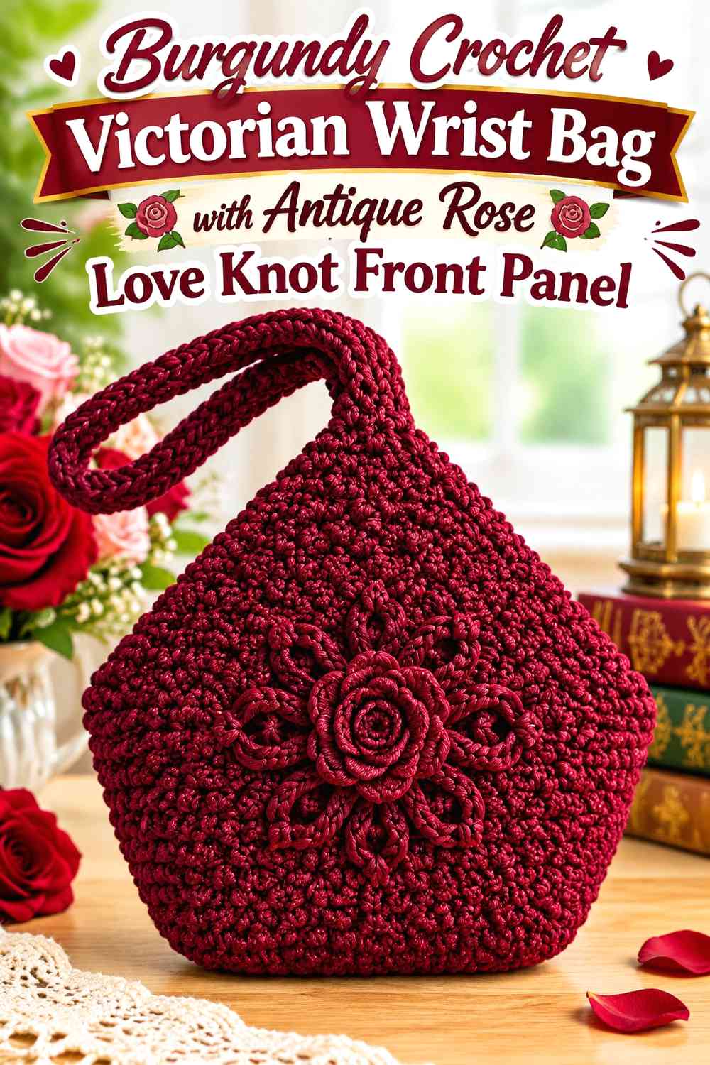 Burgundy Crochet Victorian Wrist Bag with Antique Rose Love Knot Front Panel