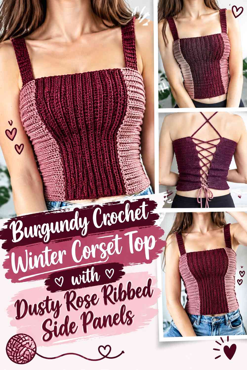 Burgundy Crochet Winter Corset Top with Dusty Rose Ribbed Side Panels