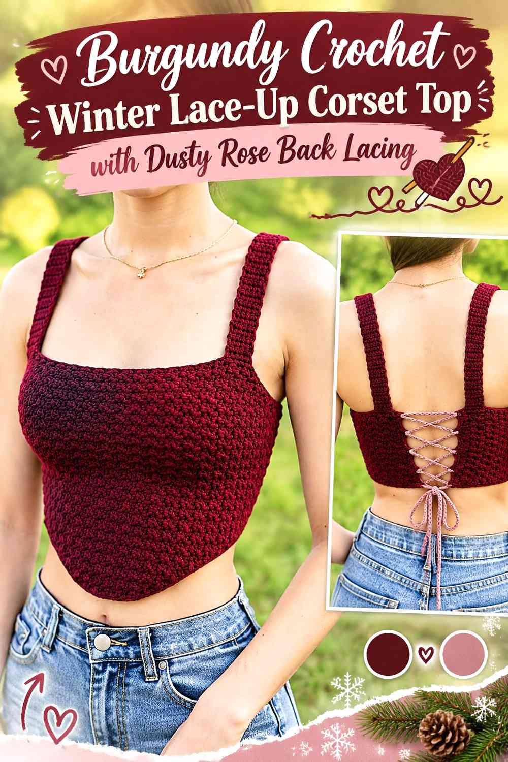 Burgundy Crochet Winter Lace-Up Corset Top with Dusty Rose Back Lacing