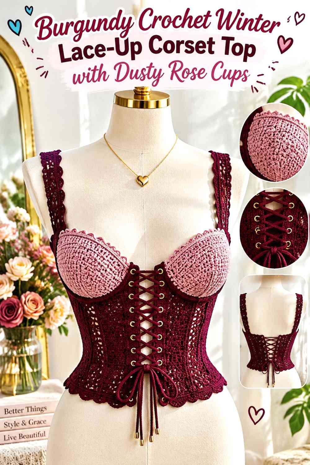 Burgundy Crochet Winter Lace-Up Corset Top with Dusty Rose Cups