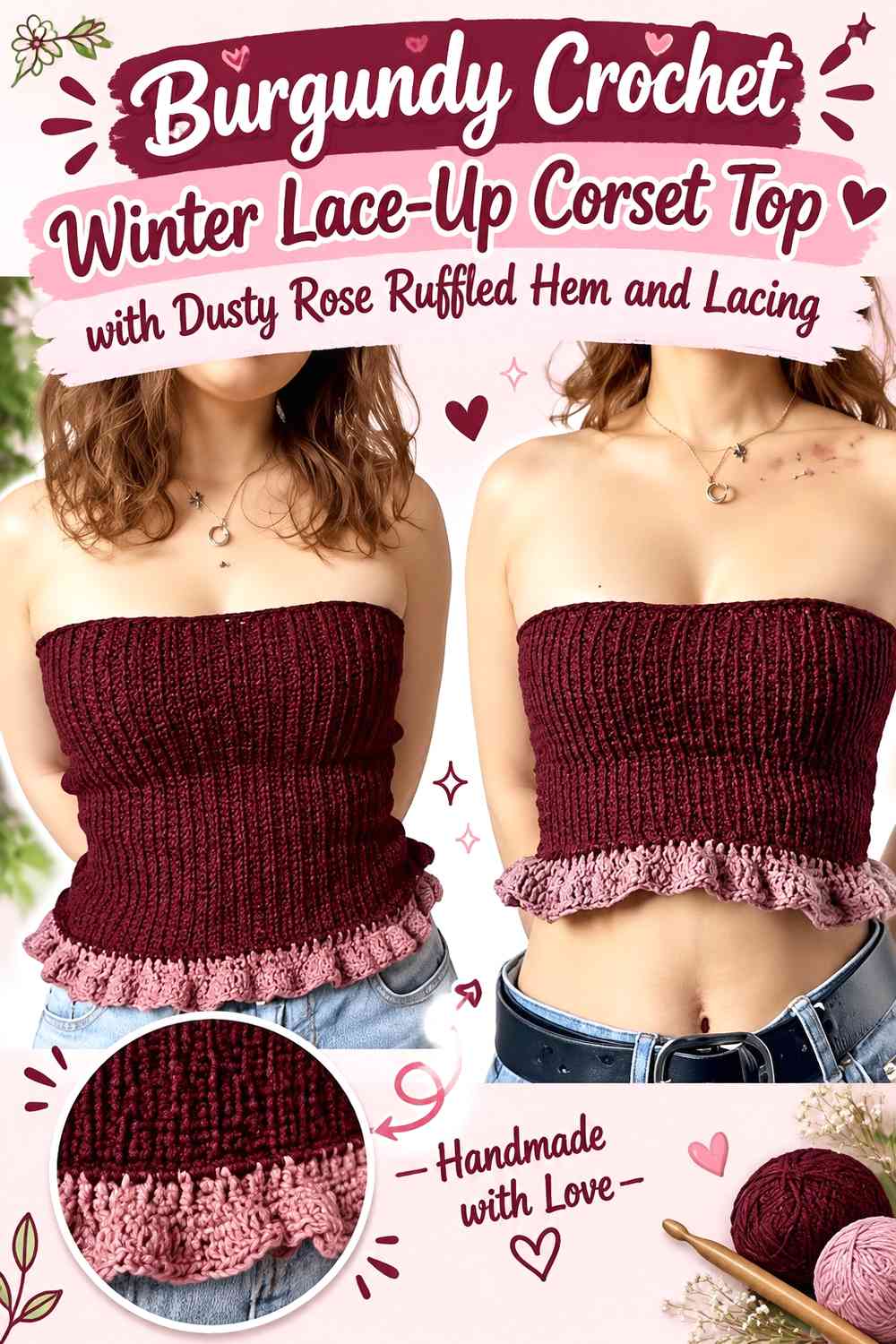 Burgundy Crochet Winter Lace-Up Corset Top with Dusty Rose Ruffled Hem and Lacing