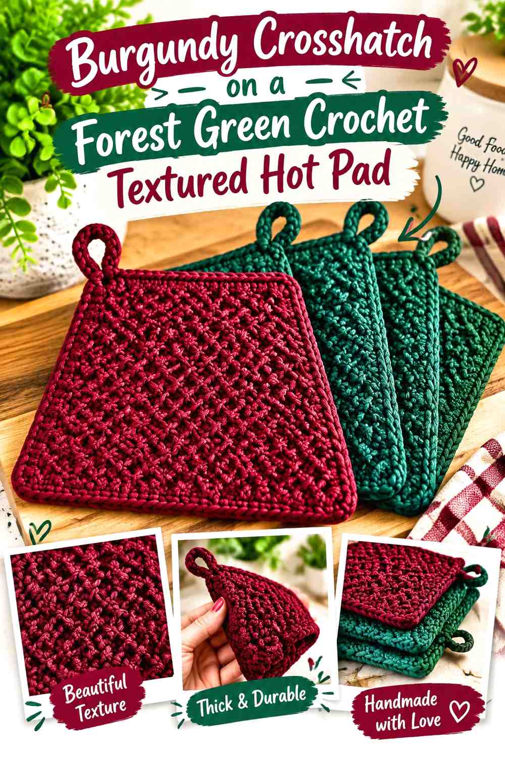 Burgundy Crosshatch on a Forest Green Crochet Textured Hot Pad
