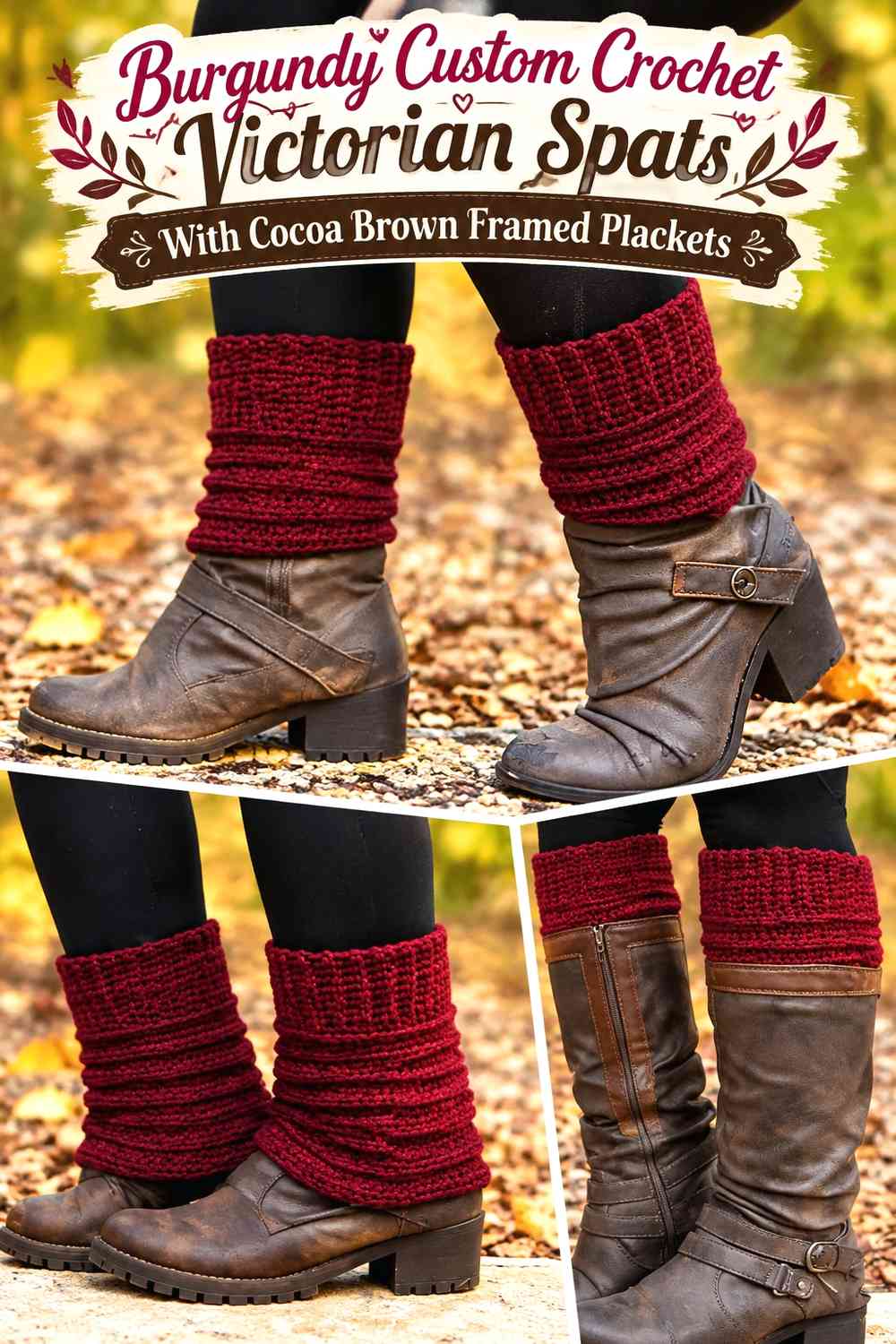 Burgundy Custom Crochet Victorian Spats With Cocoa Brown Framed Plackets
