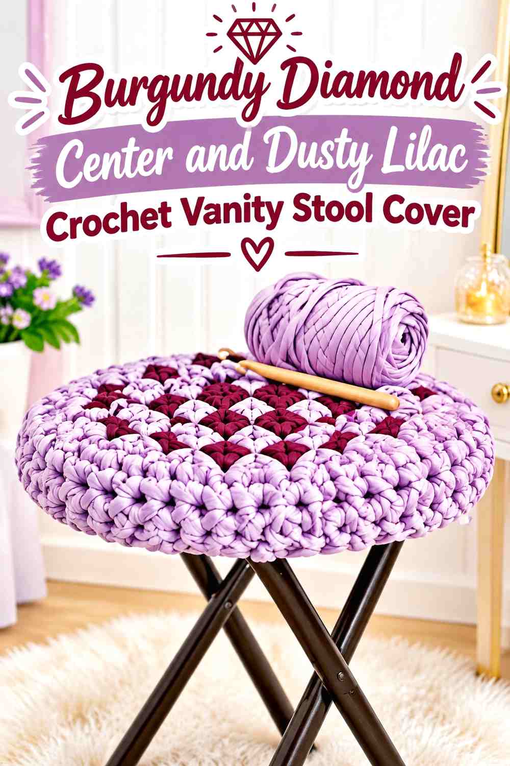 Burgundy Diamond Center and Dusty Lilac Crochet Vanity Stool Cover