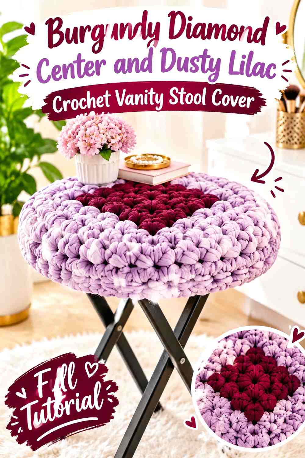 Burgundy Diamond Center and Dusty Lilac Crochet Vanity Stool Cover