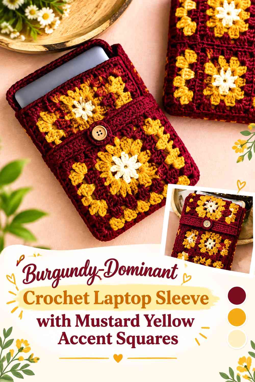Burgundy-Dominant Crochet Laptop Sleeve with Mustard Yellow Accent Squares