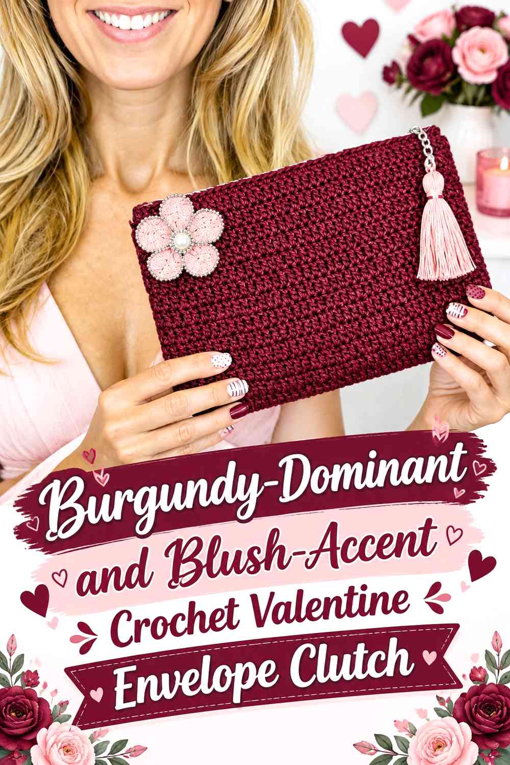 Burgundy-Dominant and Blush-Accent Crochet Valentine Envelope Clutch