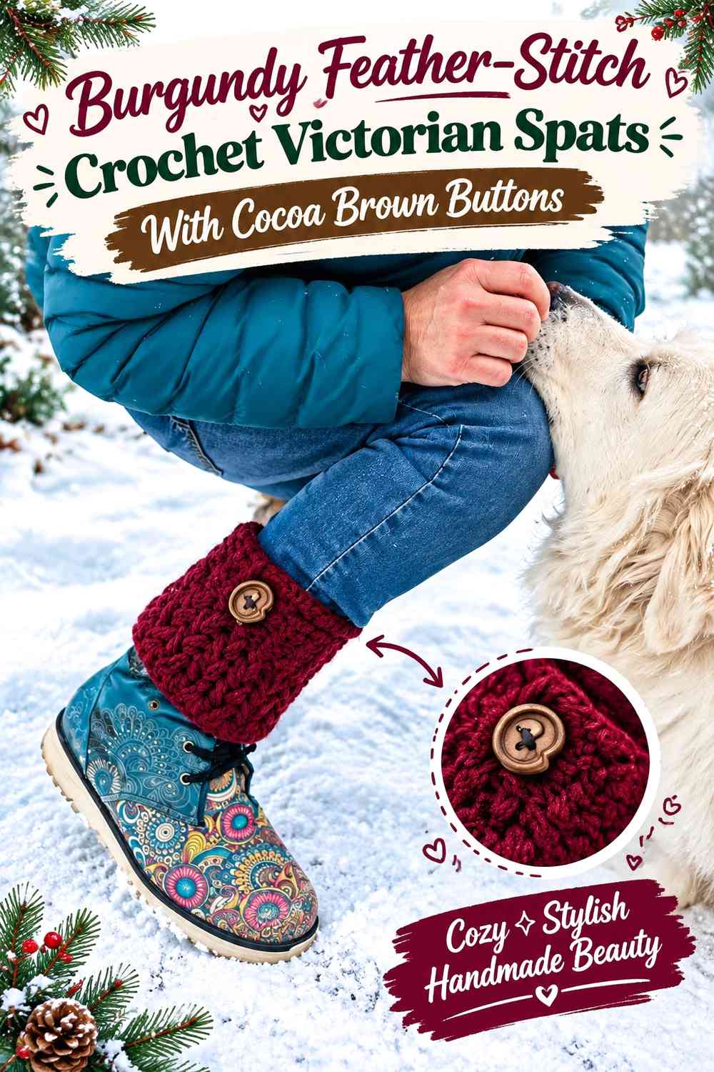 Burgundy Feather-Stitch Crochet Victorian Spats With Cocoa Brown Buttons