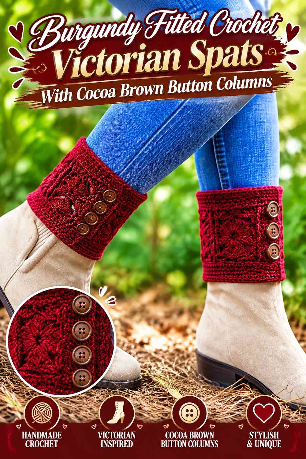 Burgundy Fitted Crochet Victorian Spats With Cocoa Brown Button Columns