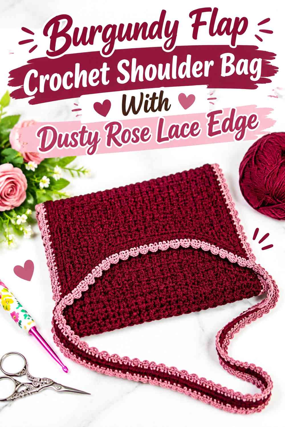 Burgundy Flap Crochet Shoulder Bag With Dusty Rose Lace Edge