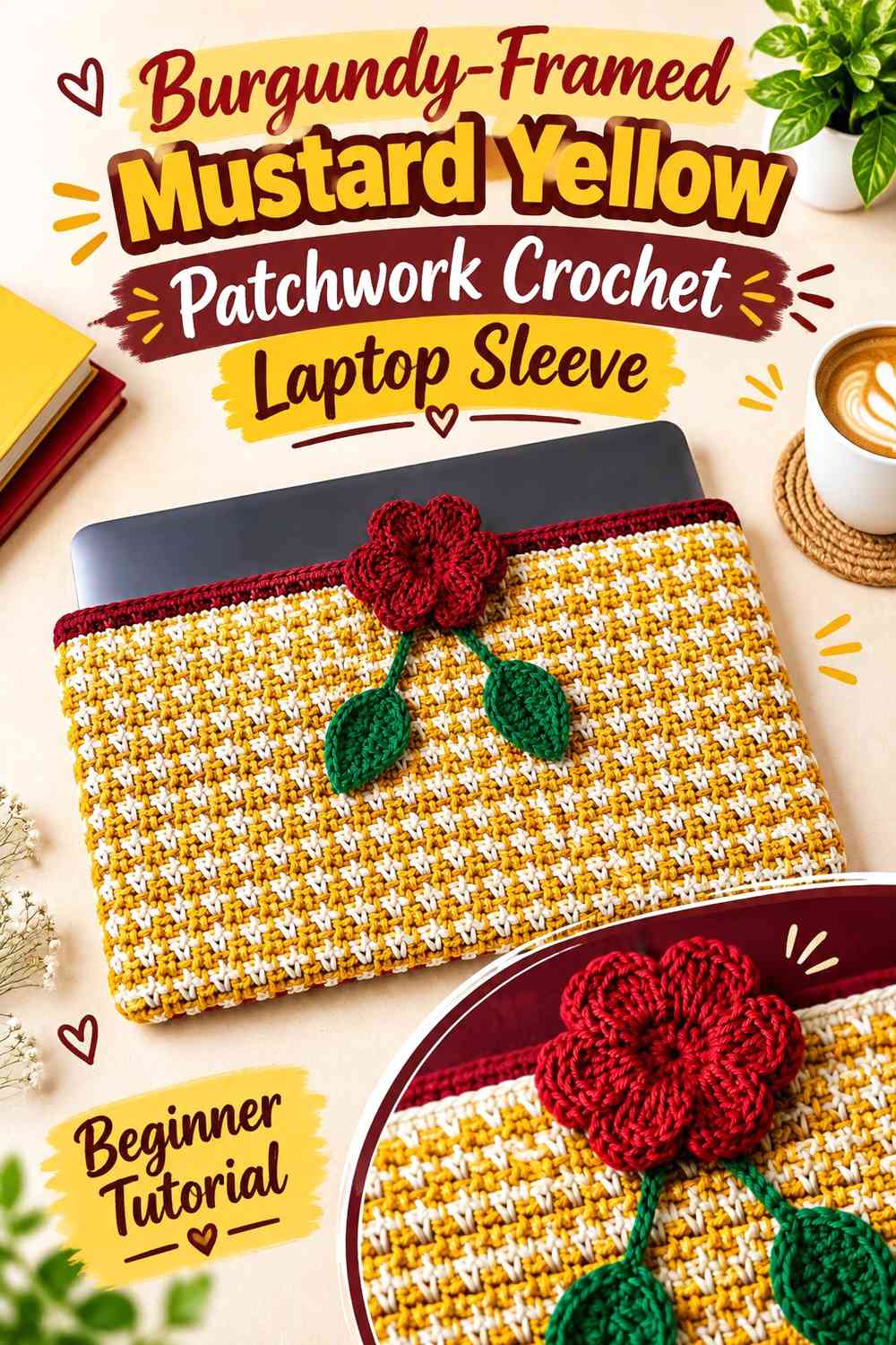 Burgundy-Framed Mustard Yellow Patchwork Crochet Laptop Sleeve