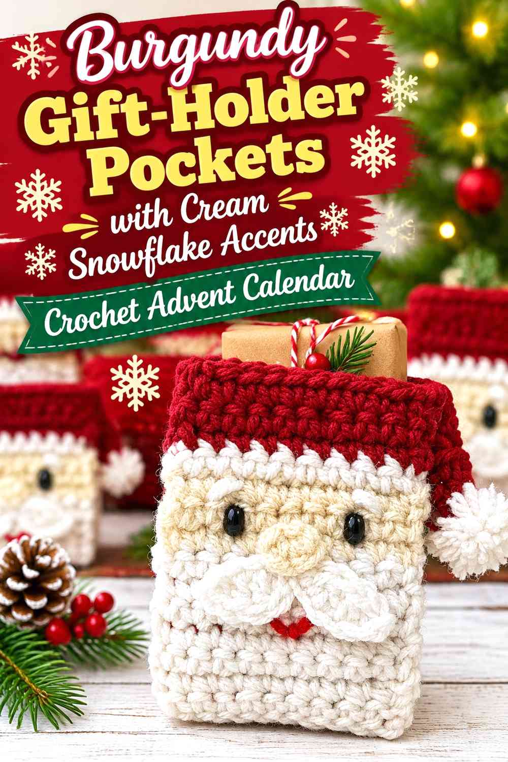 Burgundy Gift-Holder Pockets with Cream Snowflake Accents Crochet Advent Calendar