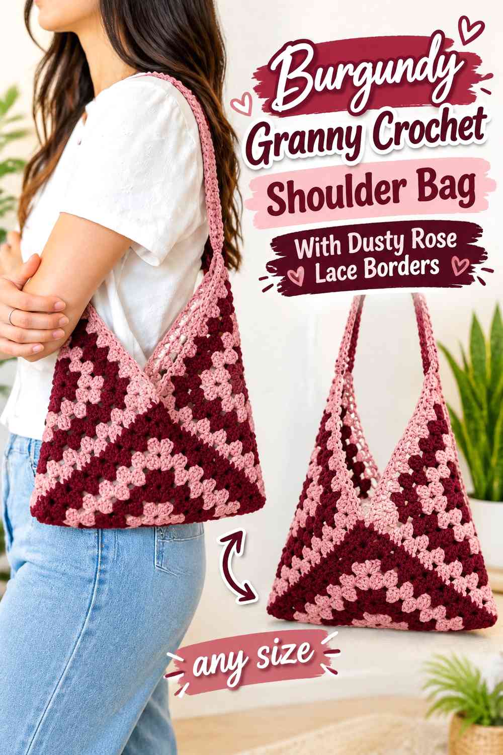 Burgundy Granny Crochet Shoulder Bag With Dusty Rose Lace Borders