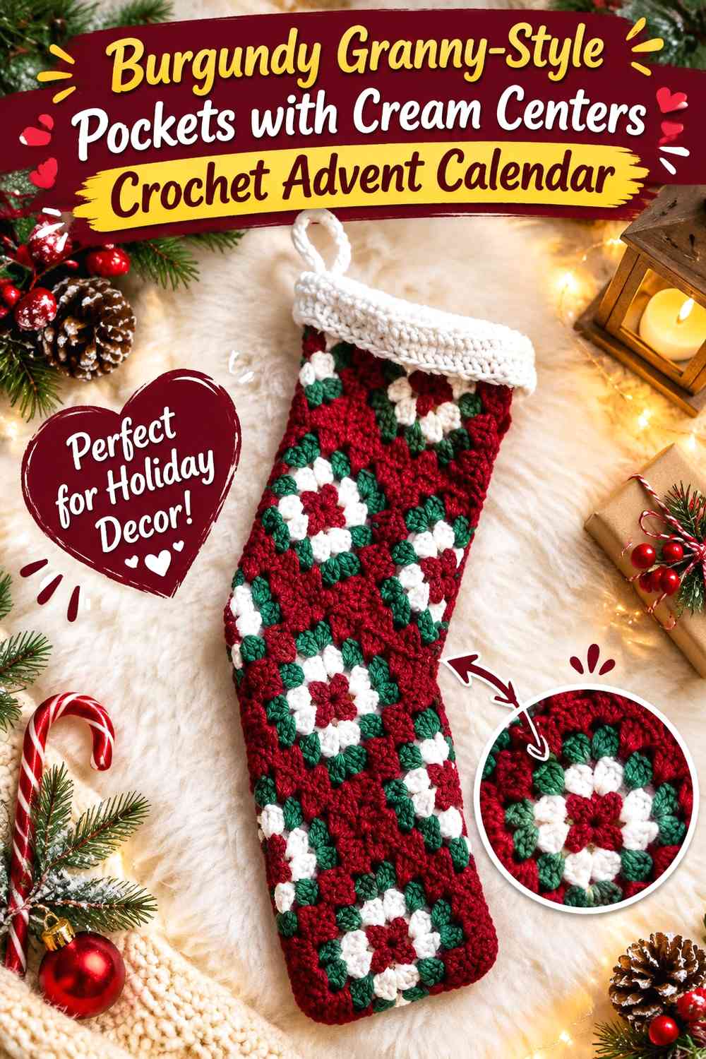 Burgundy Granny-Style Pockets with Cream Centers Crochet Advent Calendar