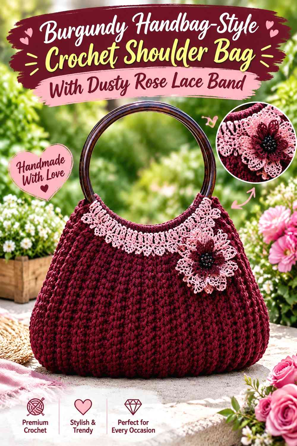 Burgundy Handbag-Style Crochet Shoulder Bag With Dusty Rose Lace Band