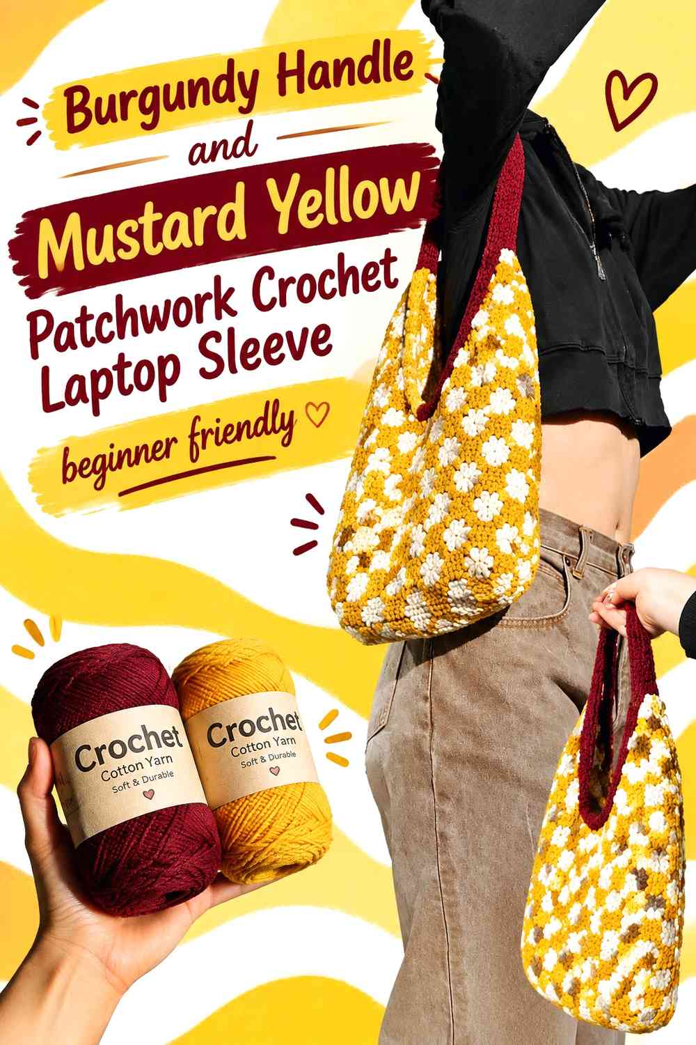 Burgundy Handle and Mustard Yellow Patchwork Crochet Laptop Sleeve
