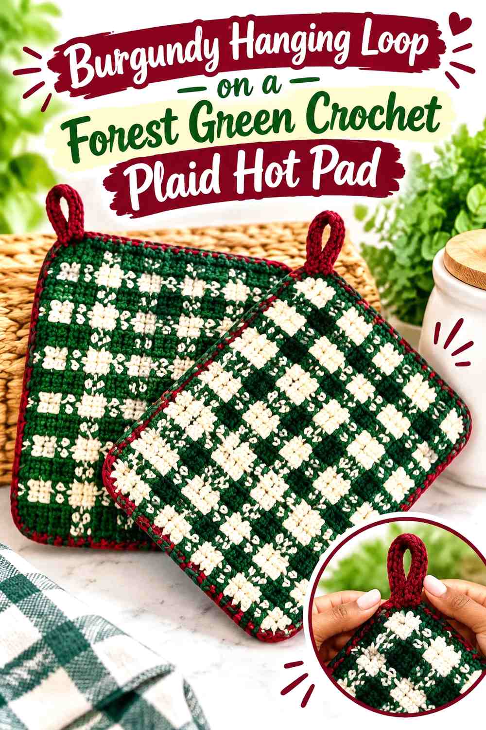 Burgundy Hanging Loop on a Forest Green Crochet Plaid Hot Pad
