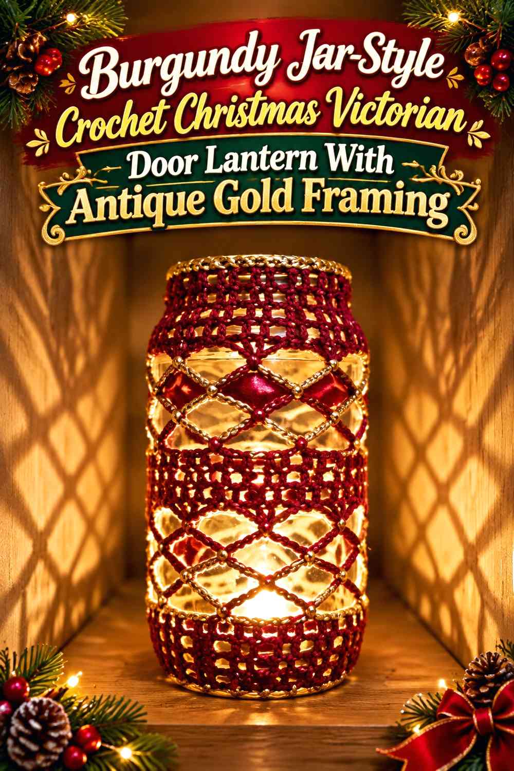 Burgundy Jar-Style Crochet Christmas Victorian Door Lantern With Antique Gold Framing