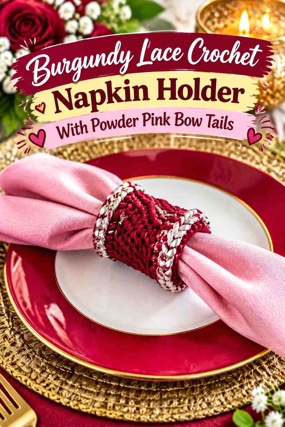 Burgundy Lace Crochet Napkin Holder With Powder Pink Bow Tails