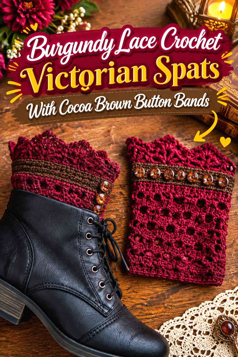 Burgundy Lace Crochet Victorian Spats With Cocoa Brown Button Bands