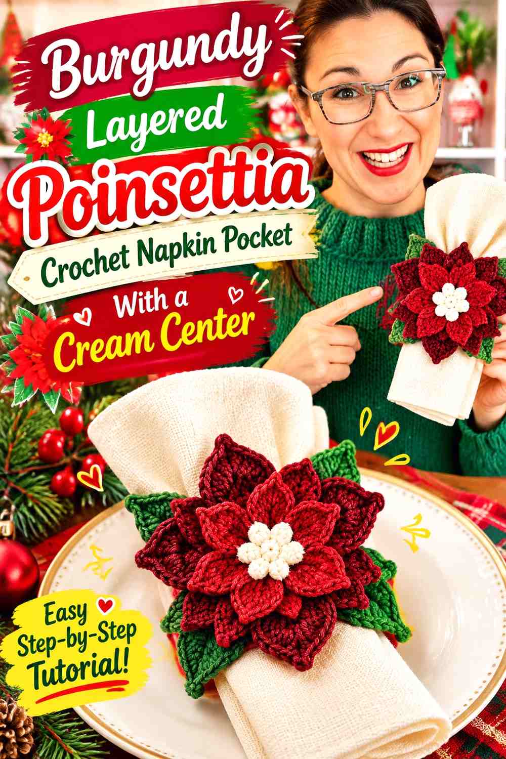 Burgundy Layered Poinsettia Crochet Napkin Pocket With a Cream Center