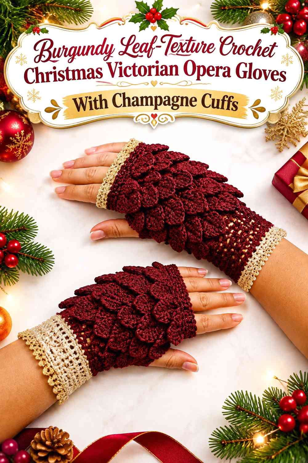 Burgundy Leaf-Texture Crochet Christmas Victorian Opera Gloves With Champagne Cuffs